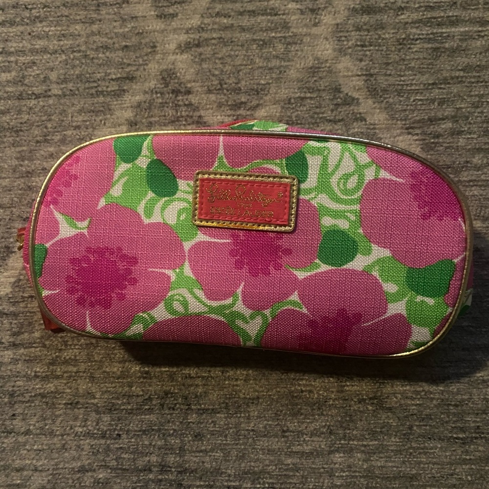 Lilly Pulitzer for Estee Lauder Floral Make Up Bag Pink Green Gold Trim & Zipper